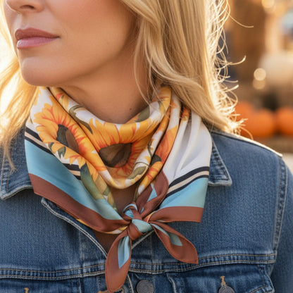 Woman wearing a colorful scarf with sunflower pattern on a blurred outdoor background Sunflower Silk Look Square Scarf 25"