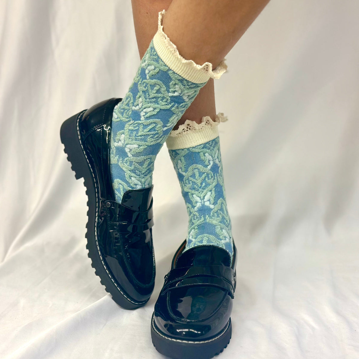 TAPESTRY  print lace top ankle sock - blue