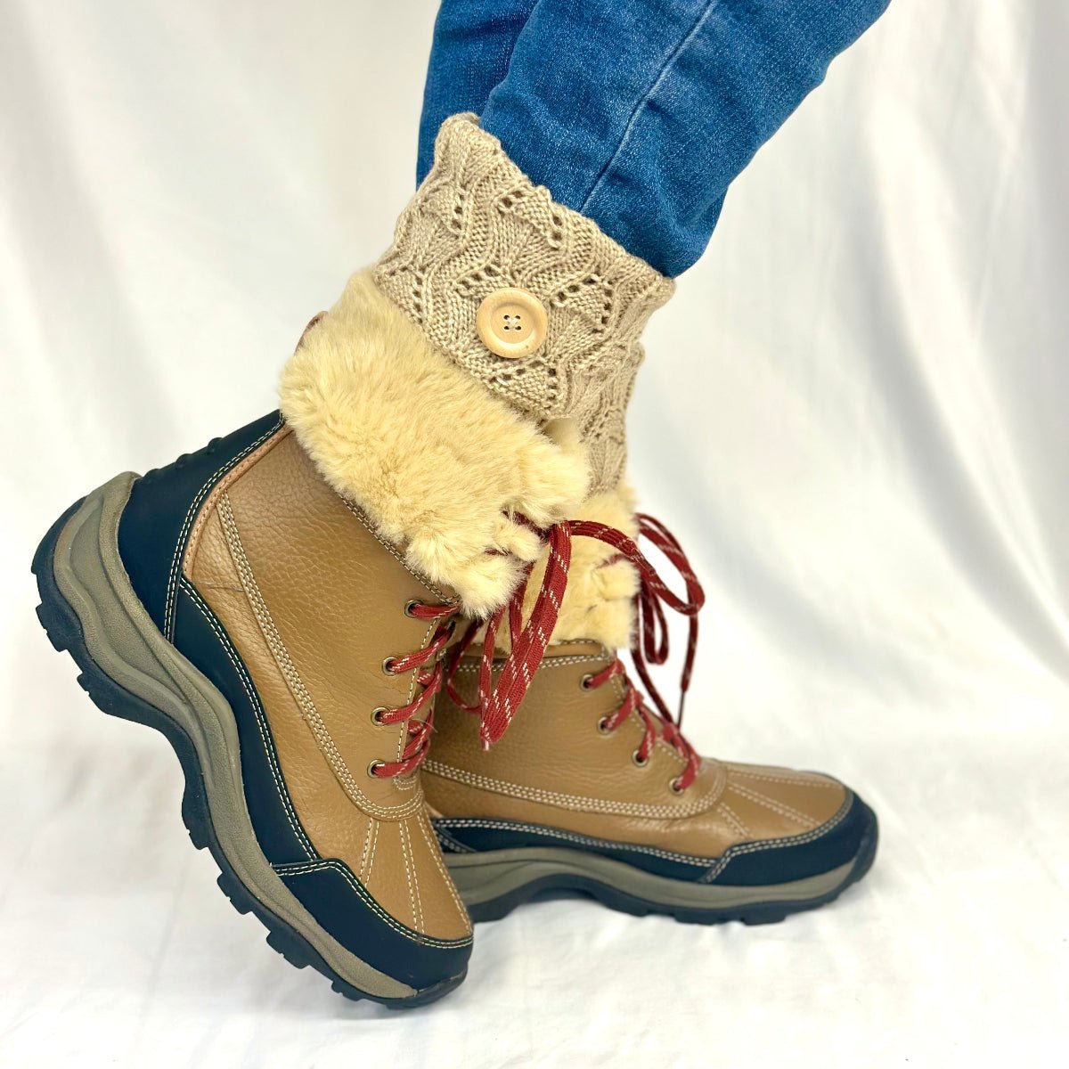 TAUPE knit boot toppers with wood button, Catherine Cole signature best quality socks