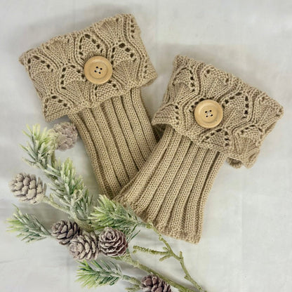 TAUPE knit boot toppers with wood button, Catherine Cole signature best quality socks