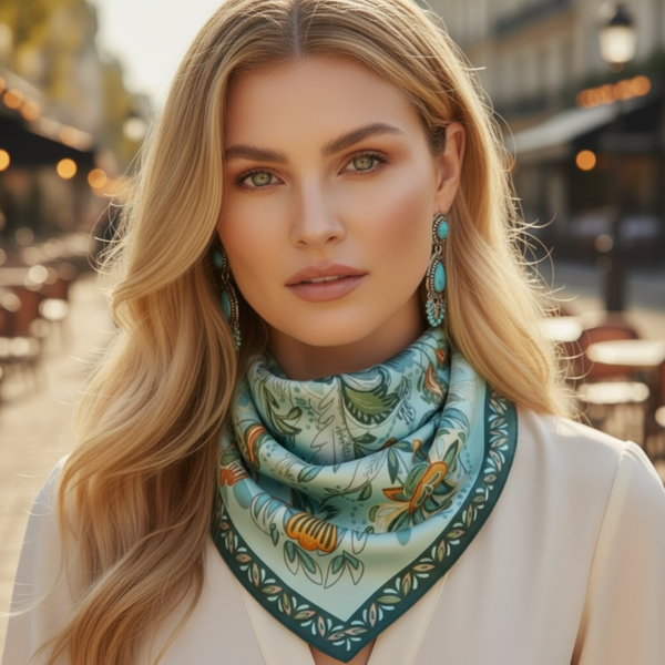 Woman wearing a patterned scarf and denim jacket with a blurred natural background. Teal Botanical Silk Look Square Scarf 25"
