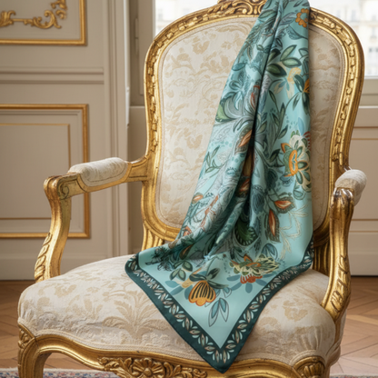Lightweight teal scarf featuring an intricate botanical floral print. designed by Catherine Cole