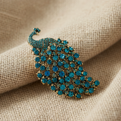 Teal Crystal Peacock Brooch Pin, 3-Inch Statement Jewelry