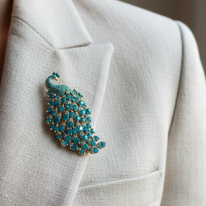 Teal Crystal Peacock Brooch Pin, 3-Inch Statement Jewelry