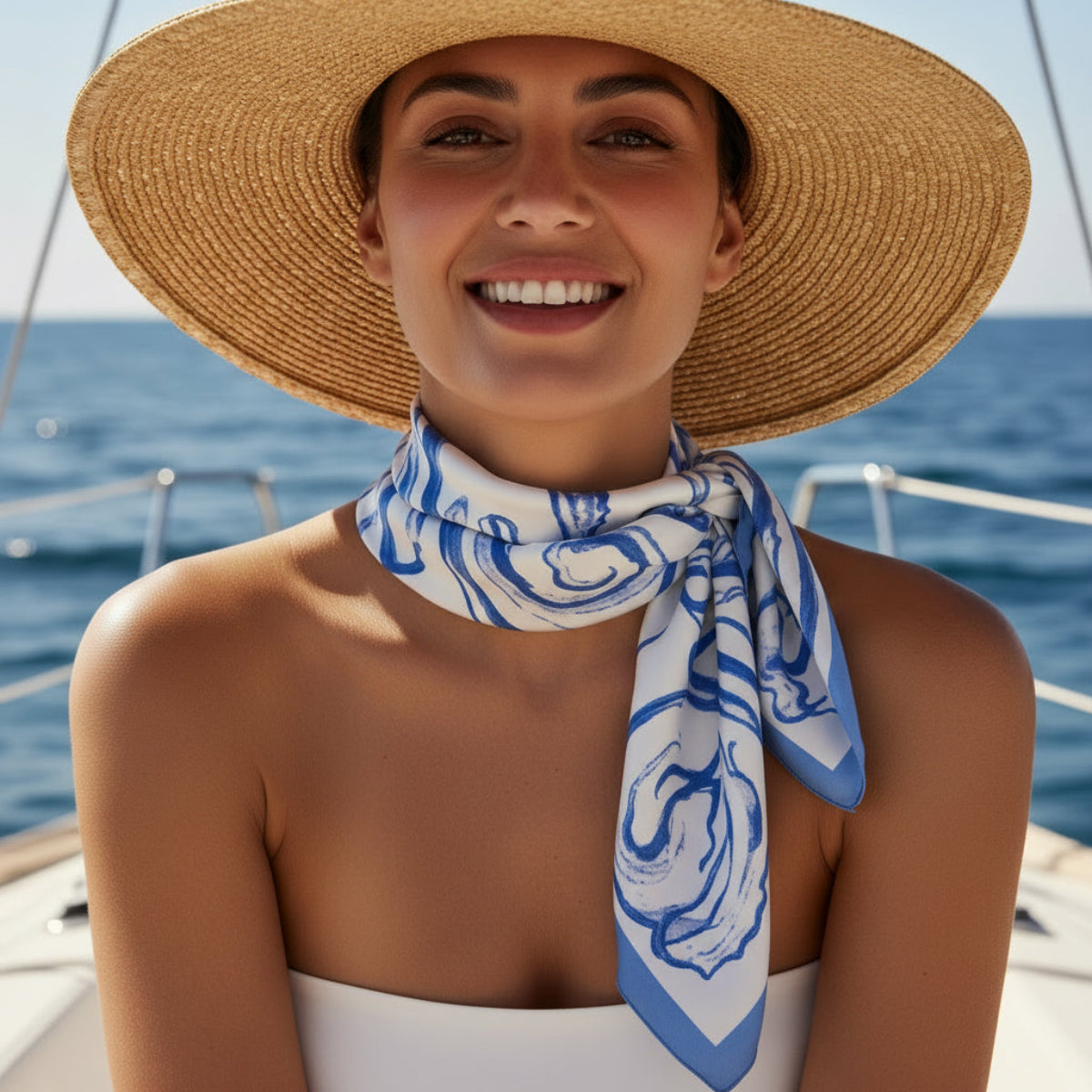 Woman wearing a straw hat and blue and white scarf on a boat with ocean in the background, The Amalfi | Ocean Silk-Look Square Scarf 25"
