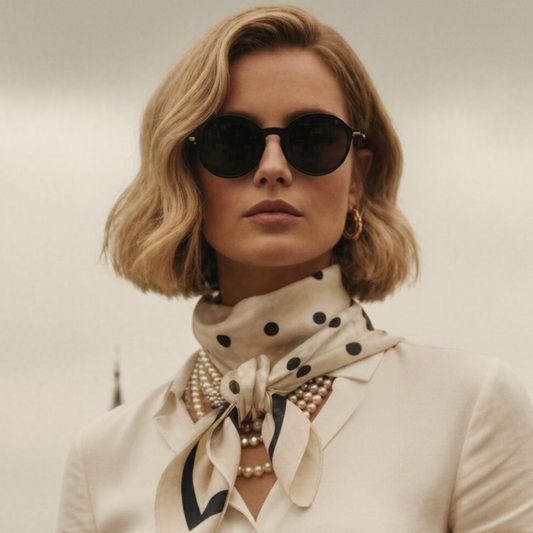 A woman with short blonde wavy hair wearing round black sunglasses, a cream blouse, a cream scarf with black polka dots, and layered pearl necklaces, photographed against a soft light gray sky.