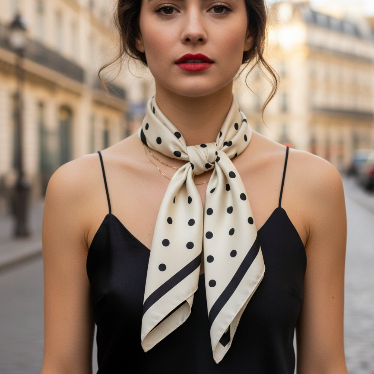 Beige scarf with black polka dots and stripes tied around a white object on a wooden surface. The Audrey | Polka Dot Silk-Look Square Scarf 35"