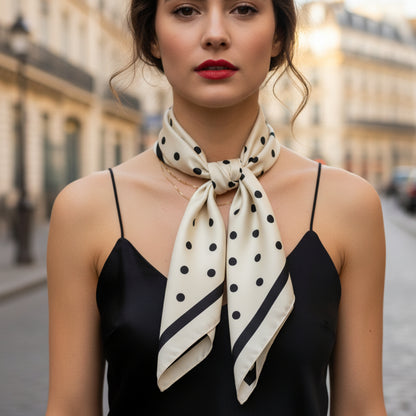 Beige scarf with black polka dots and stripes tied around a white object on a wooden surface. The Audrey | Polka Dot Silk-Look Square Scarf 35"