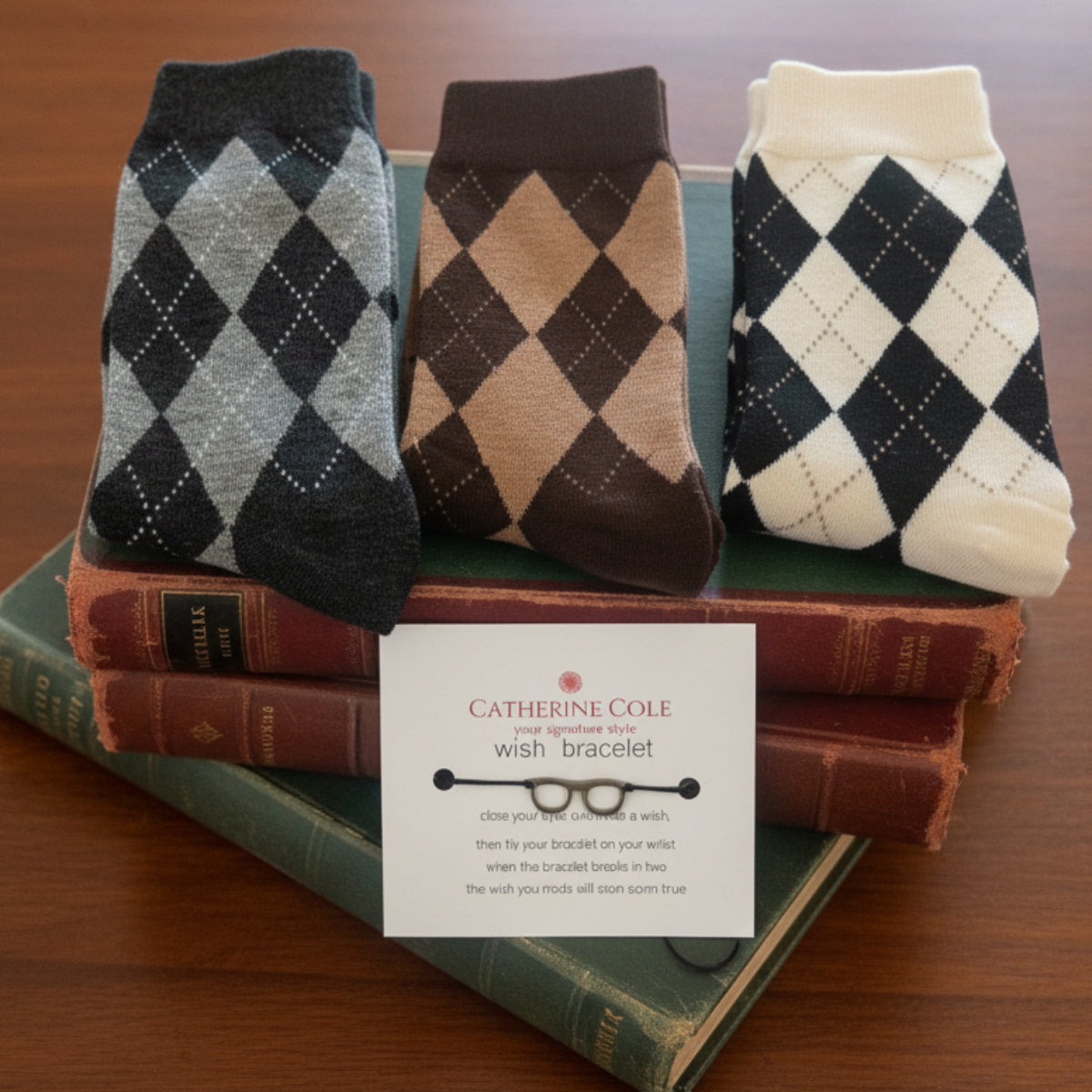 The Bookworm Bundle — 3 Pairs Argyle Socks + Eyeglass Wish Bracelet | Preppy Gift Set
