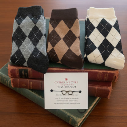 The Bookworm Bundle — 3 Pairs Argyle Socks + Eyeglass Wish Bracelet | Preppy Gift Set
