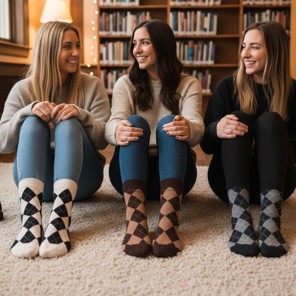 Three women sitting on the floor in a cozy room with bookshelves, wearing patterned socks. The Bookworm Bundle — 3 Pairs Argyle Socks + Eyeglass Wish Bracelet | Preppy Gift Set