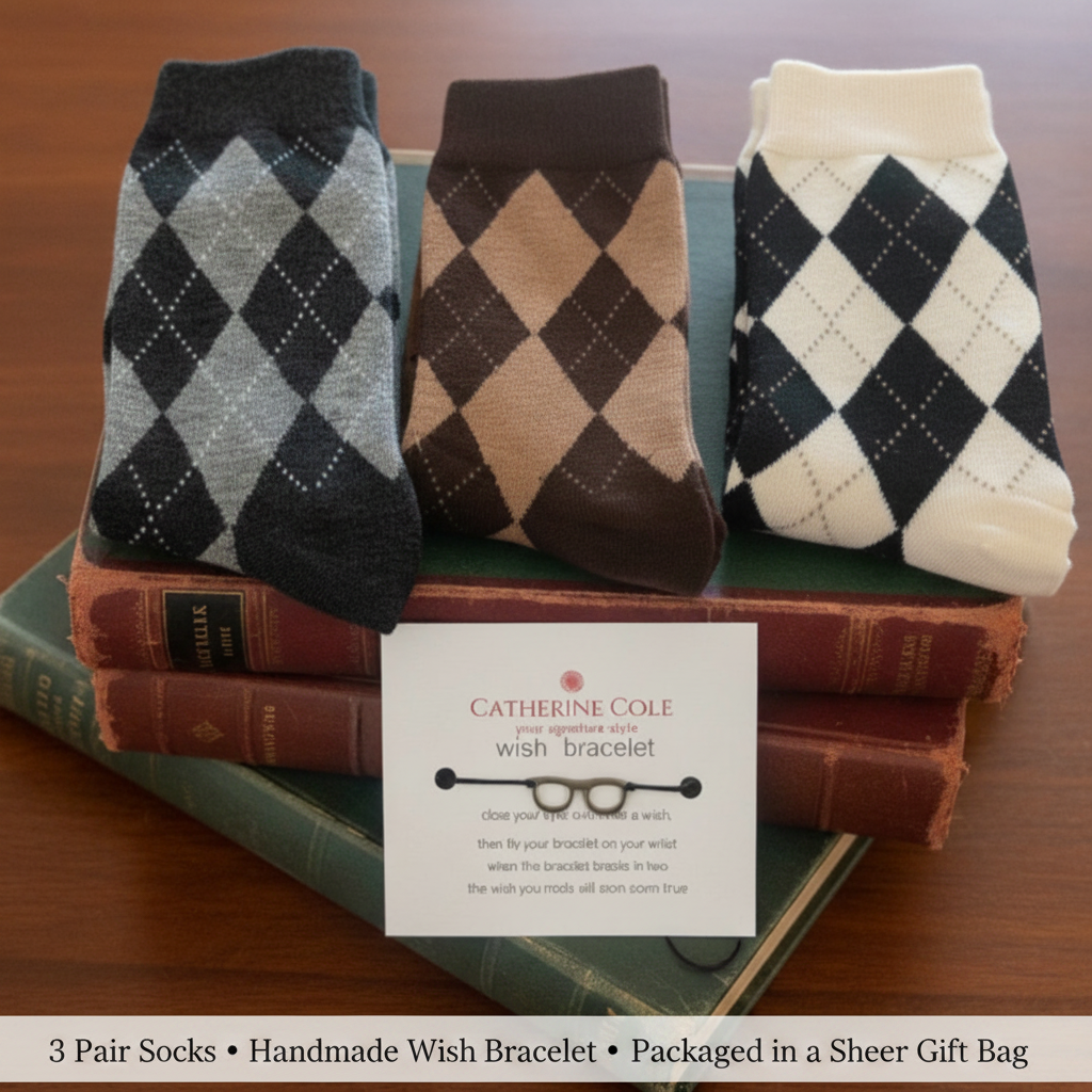 The Bookworm Argyle Gift Set (3-Pack Socks + Wish Bracelet)