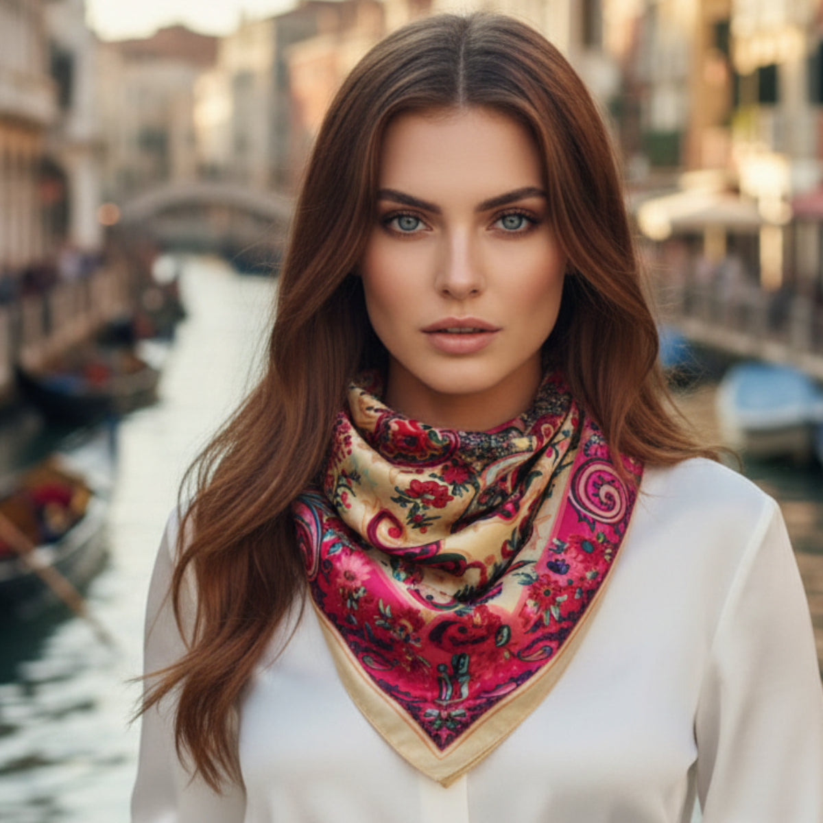 The Capri | Pink | Paisley Silk-Look Square Scarf 35"