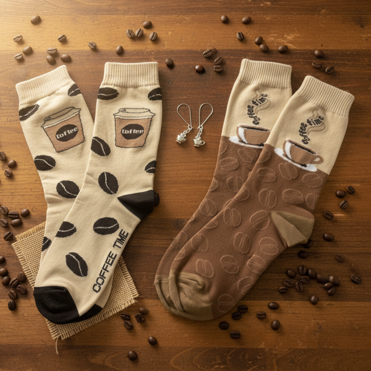 Pair of coffee-themed socks with cup and bean designs on a wooden surface with scattered coffee beans. The Coffee Lover Gift Set (2-Pack Socks + Coffee Cup Earrings)