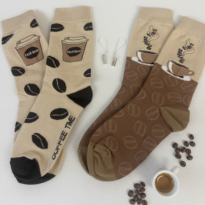 Pair of beige socks with coffee-themed design on a white background  The Coffee Lover Gift Set (2-Pack Socks + Coffee Cup Earrings)
