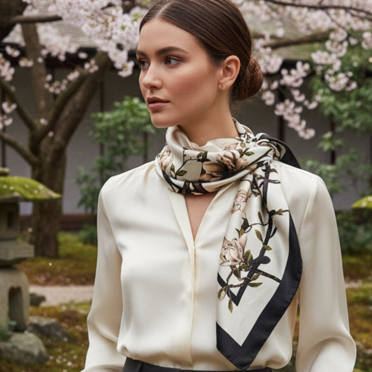 The Kyoto | Cherry Blossom Silk-Look Square Scarf 35"