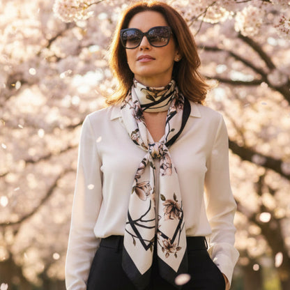 Woman wearing sunglasses and a floral scarf in front of cherry blossom trees,  The Kyoto | Cherry Blossom Silk-Look Square Scarf 35"