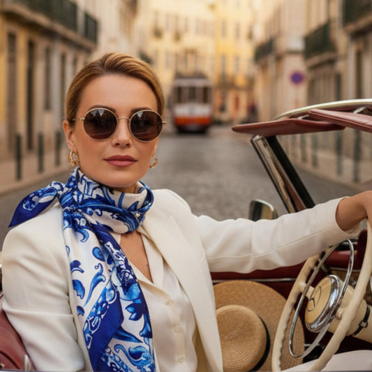 Woman in a vintage car wearing sunglasses and a blue patterned scarf on a city street. The Lisbon | Baroque Silk-Look Square Scarf 35"