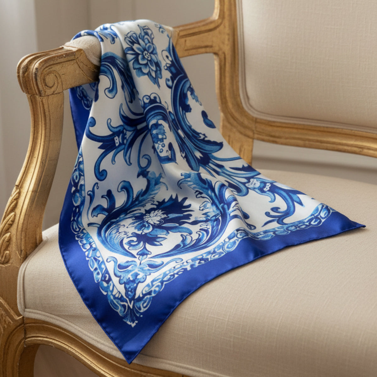 Blue and white patterned scarf draped over a chair  The Lisbon | Baroque Silk-Look Square Scarf 35" old Hollywood style