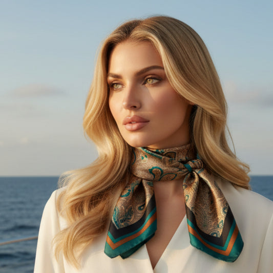 The Marrakech | Paisley Silk-Look Square Scarf 35" woman wearing a scarf on neck