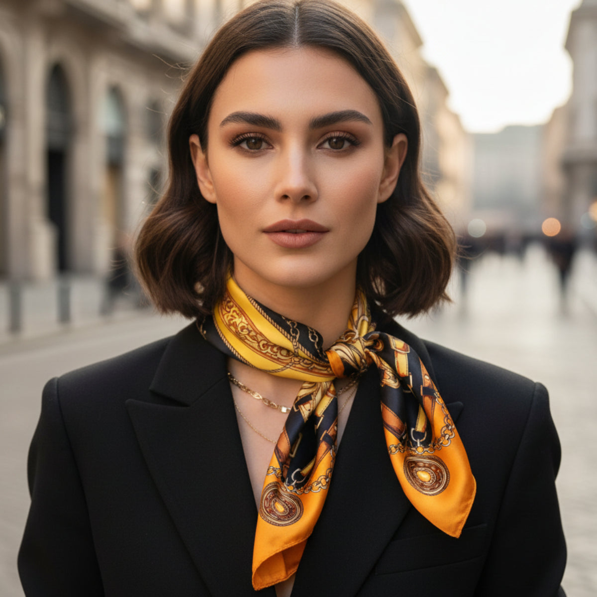 The Milano | Chain & Baroque Silk-Look Square Scarf 35"