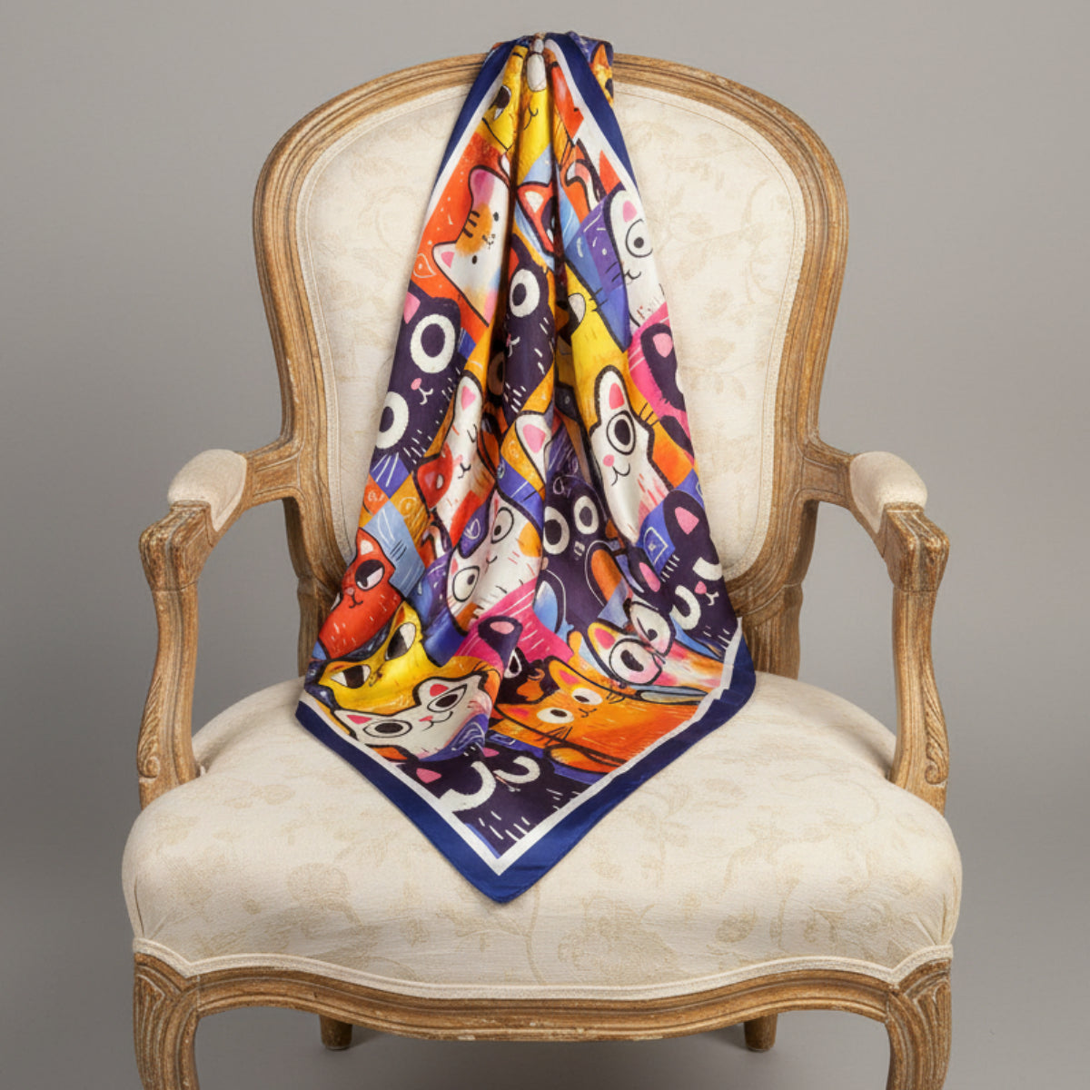 Colorful scarf with cat pattern draped over a beige armchair against a gray background