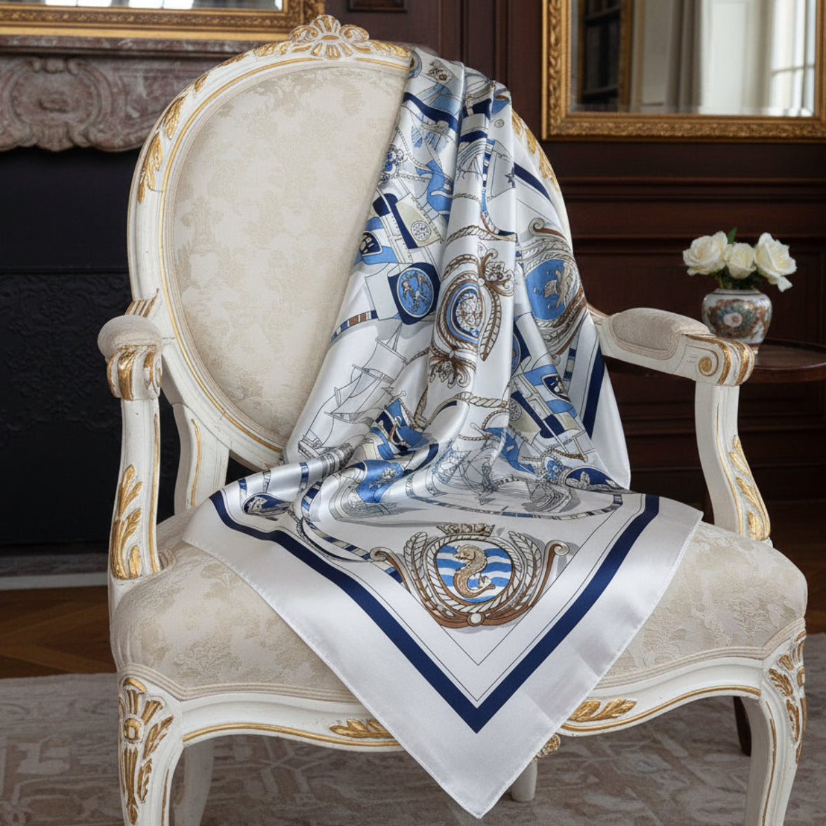 The Riviera | Nautical Silk-Look Square Scarf 35"