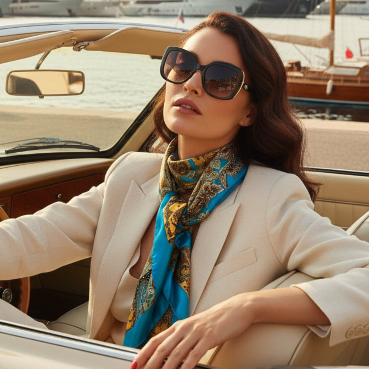 Woman wearing a a Catherine Cole Saint Tropez scarf in a old convertible
