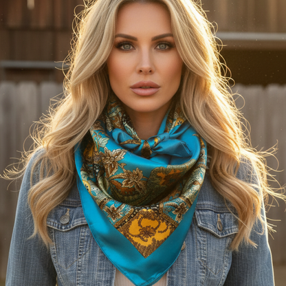 The Saint-Tropez Scarf – 35" Teal & Gold Square Scarf