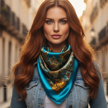 The Saint-Tropez Scarf – 35" Teal & Gold Square Scarf