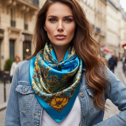 The Saint-Tropez Scarf – 35" Teal & Gold Square Scarf