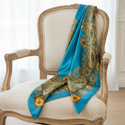 The Saint-Tropez Scarf – 35" Teal & Gold Square Scarf