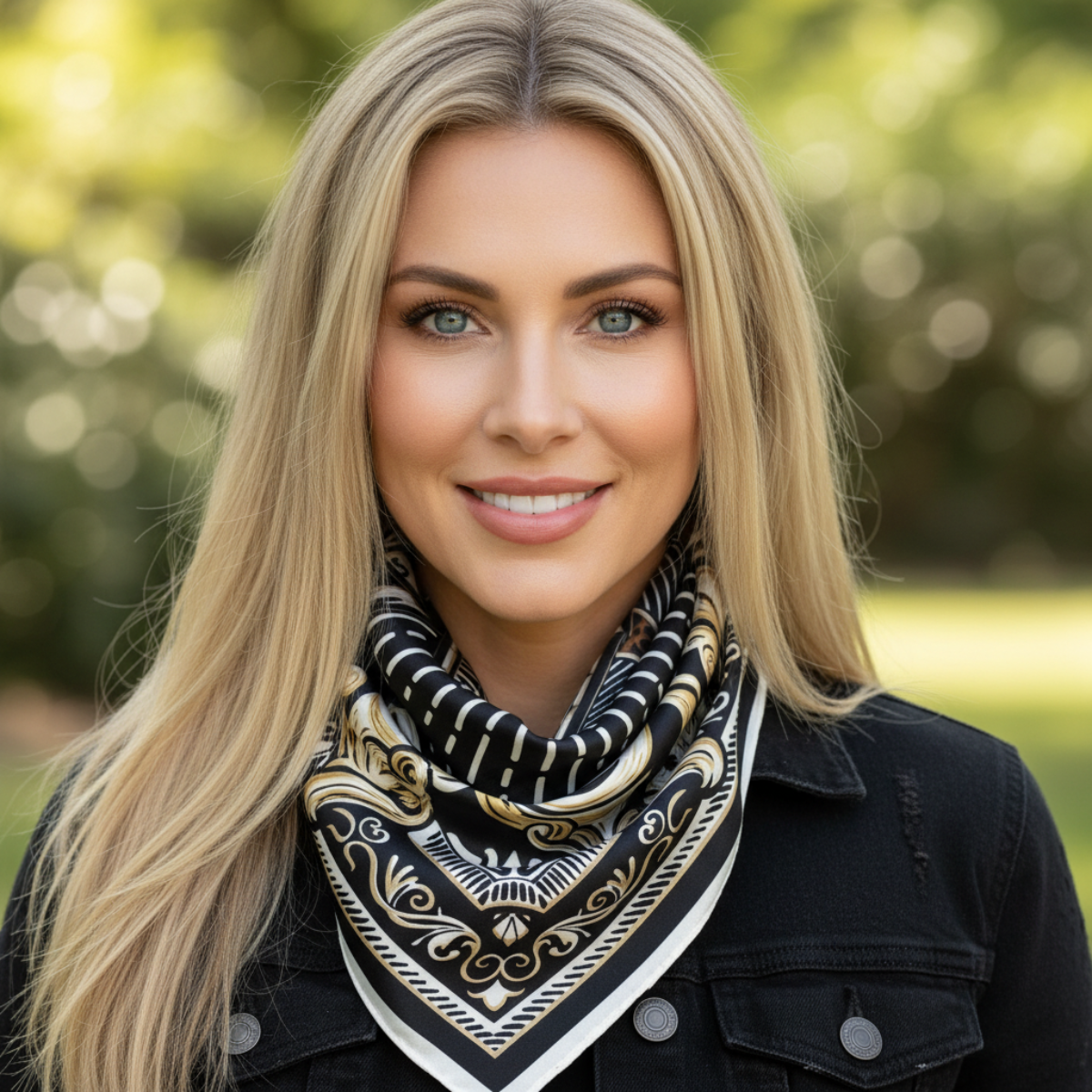 Woman wearing a black and gold patterned scarf outdoors