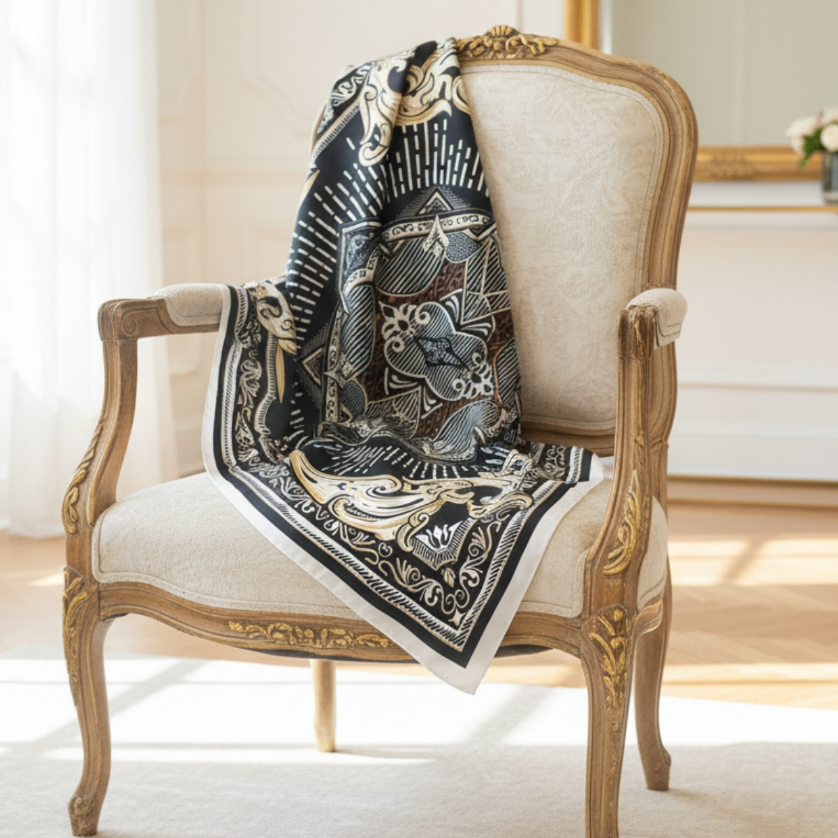 Decorative black and gold patterned blanket draped over a beige armchair in a bright room.  The_Versailles_Baroque_Scarf_35_Black_Gold_Square_Scarf_1