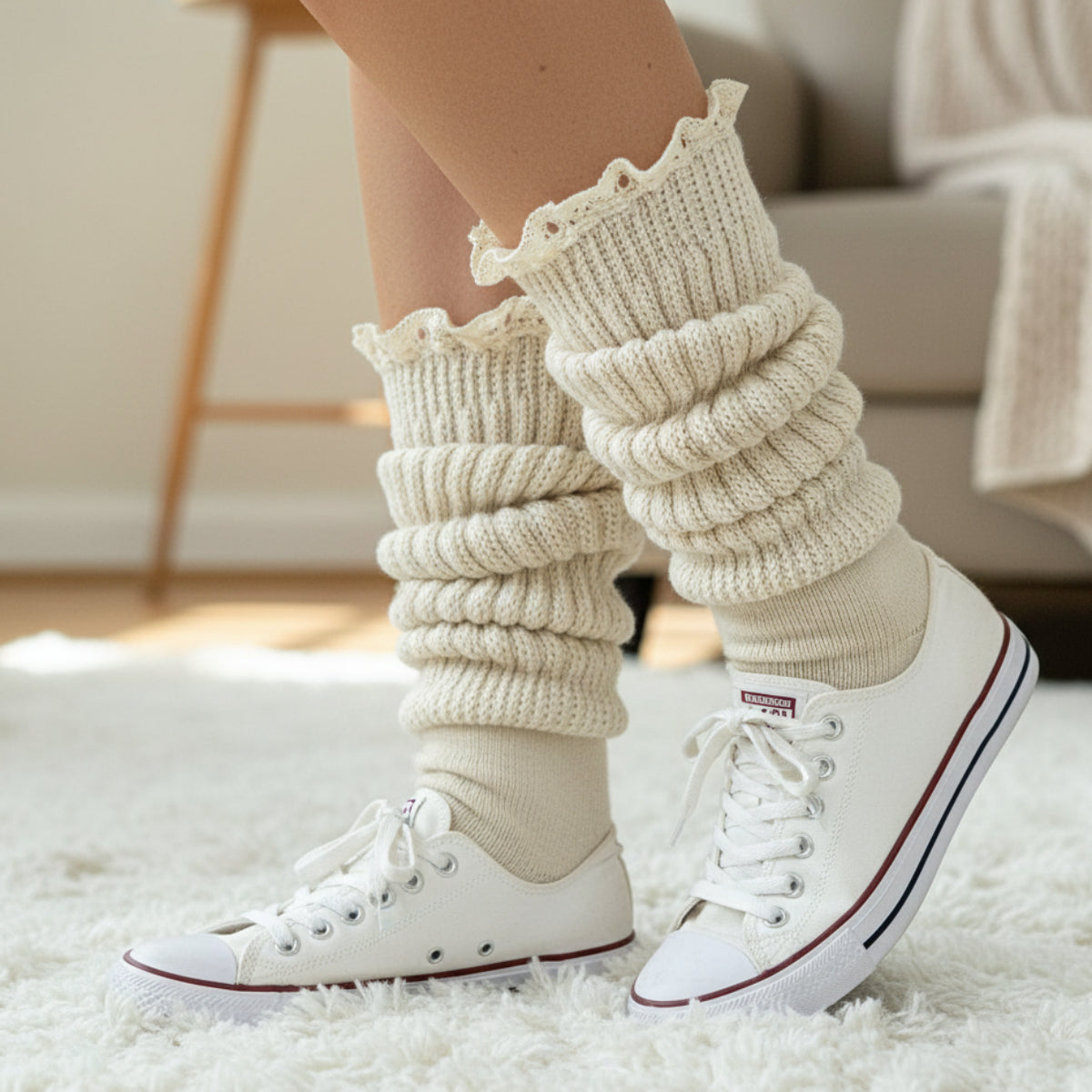 Lace Topped Natural Beige Slouch Socks Women | Ultimate Cotton USA