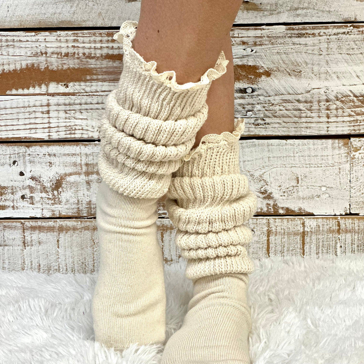 ULTIMATE chunky comfy  Beige cotton LACE slouch socks women , made USA, 1980s quality  thick scrunchy socks men women (6-9) (10-13) Catherine Cole signature socks