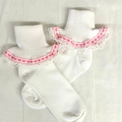 VALENTINE heart ribbon lace cuff socks -pink
