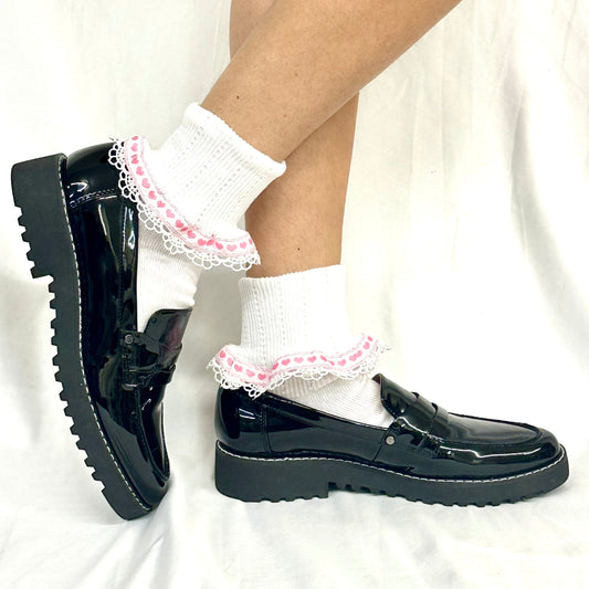 VALENTINE heart ribbon lace cuff socks -pink