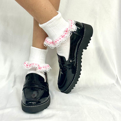 VALENTINE heart ribbon lace cuff socks -pink