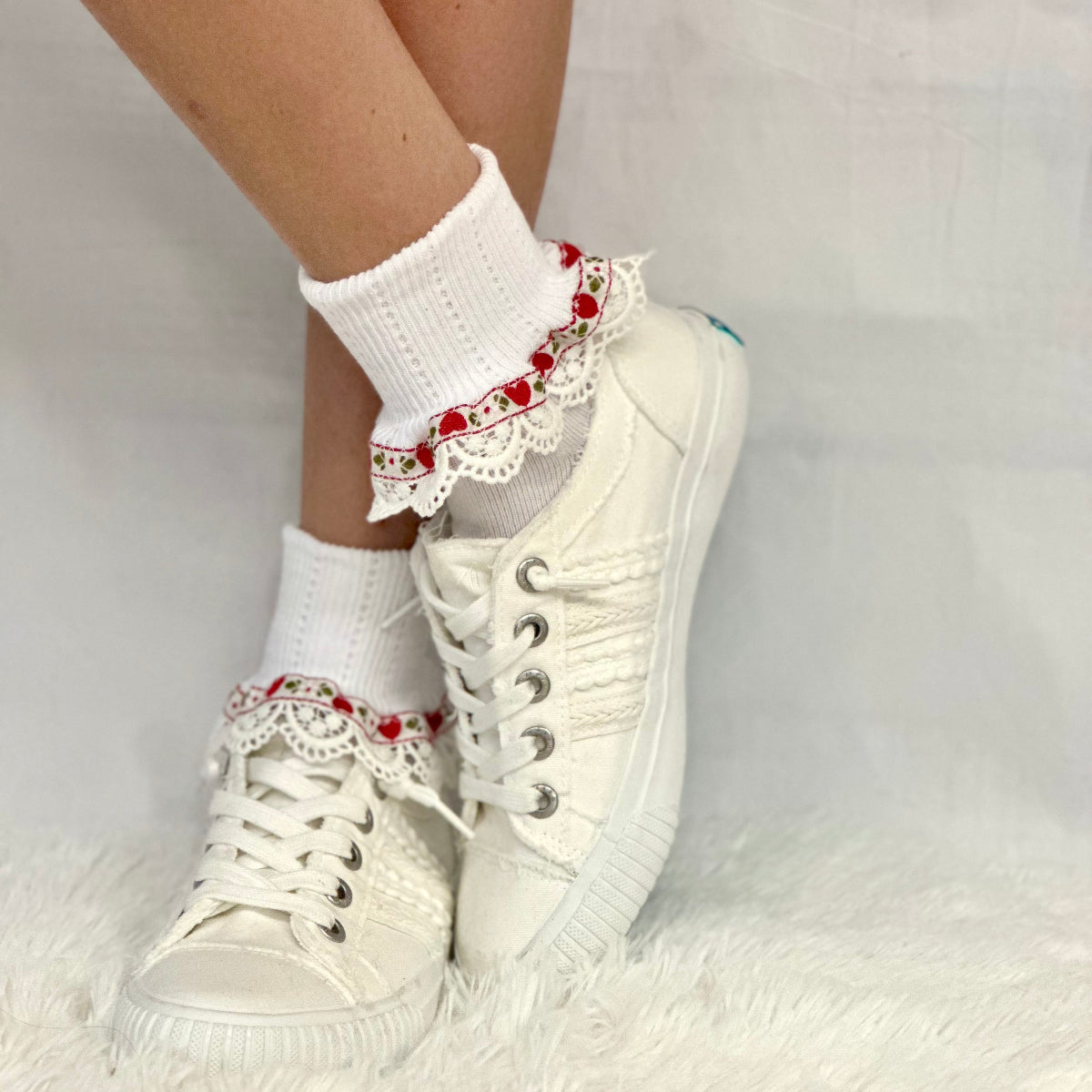 VALENTINE heart vintage lace cuff socks -red  by Catherine Cole signature style