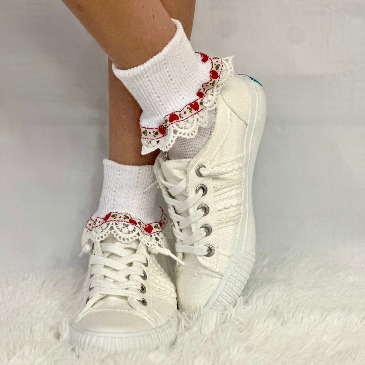 VALENTINE heart vintage lace cuff socks -red  by Catherine Cole signature style