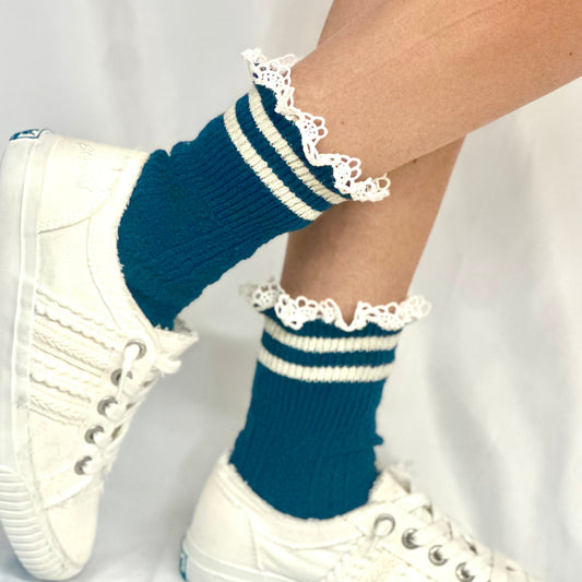 VARSITY striped crew socks - peacock blue, fall preppy socks for women by Catherine Cole signature style