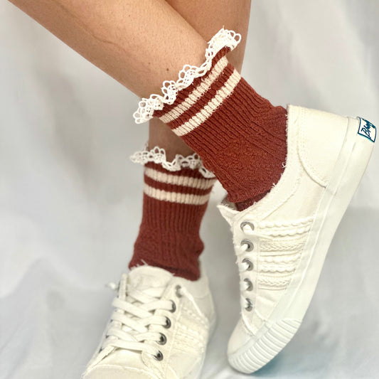 VARSITY striped crew socks - rust, fun cute preppy fall sock women, Catherine cole