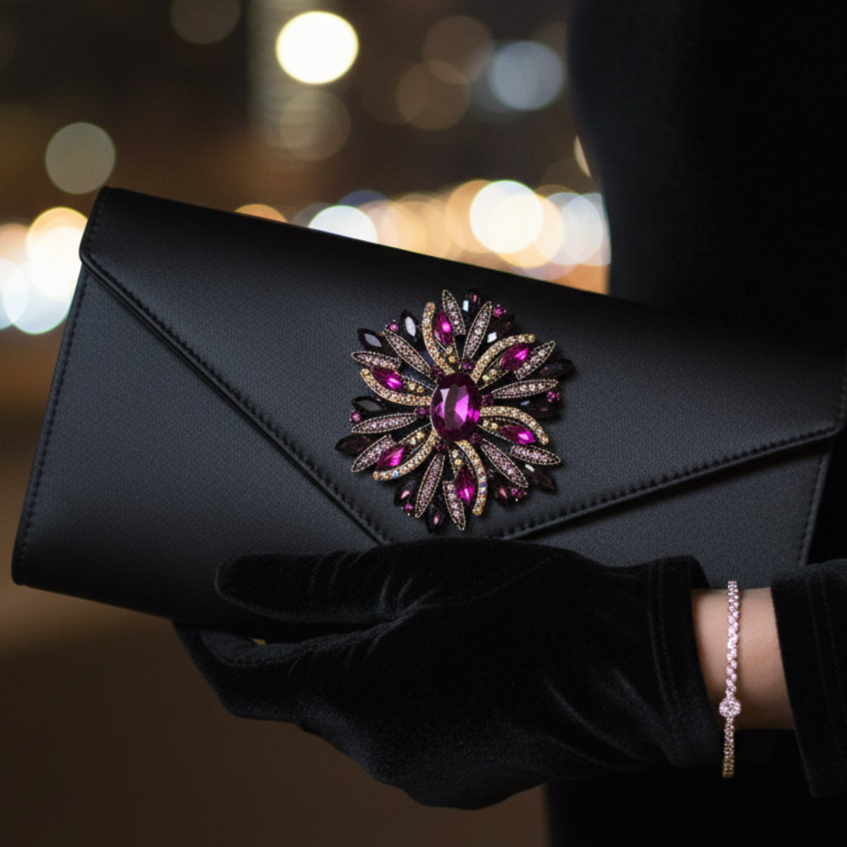 Black clutch with a decorative brooch held by a gloved hand against a blurred lights background. Vintage Inspired Sunburst Brooch 2" – Purple