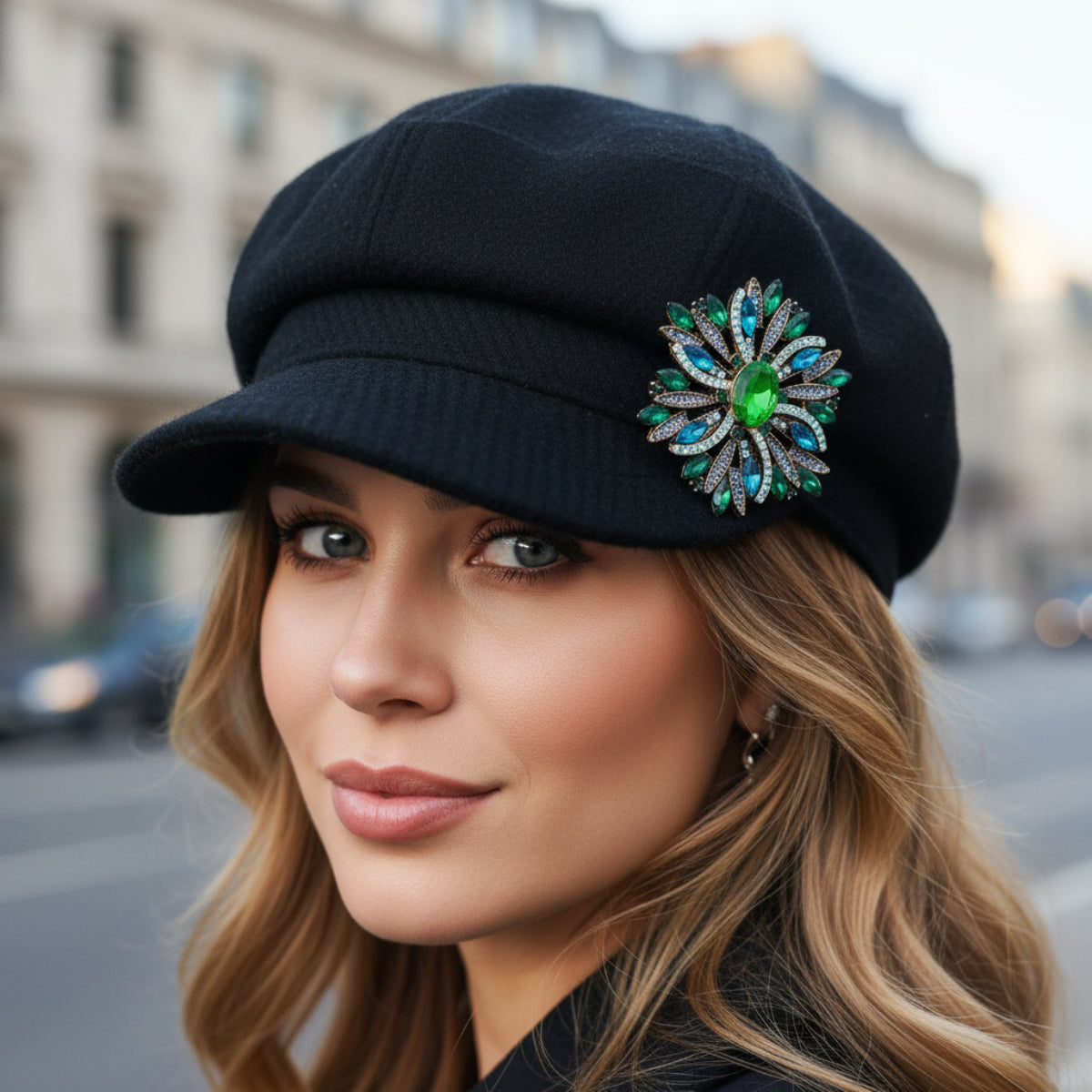 Vintage inspired  Sunburst Brooch – Green, Teal & Aqua | Catherine Cole signature style on womens cap