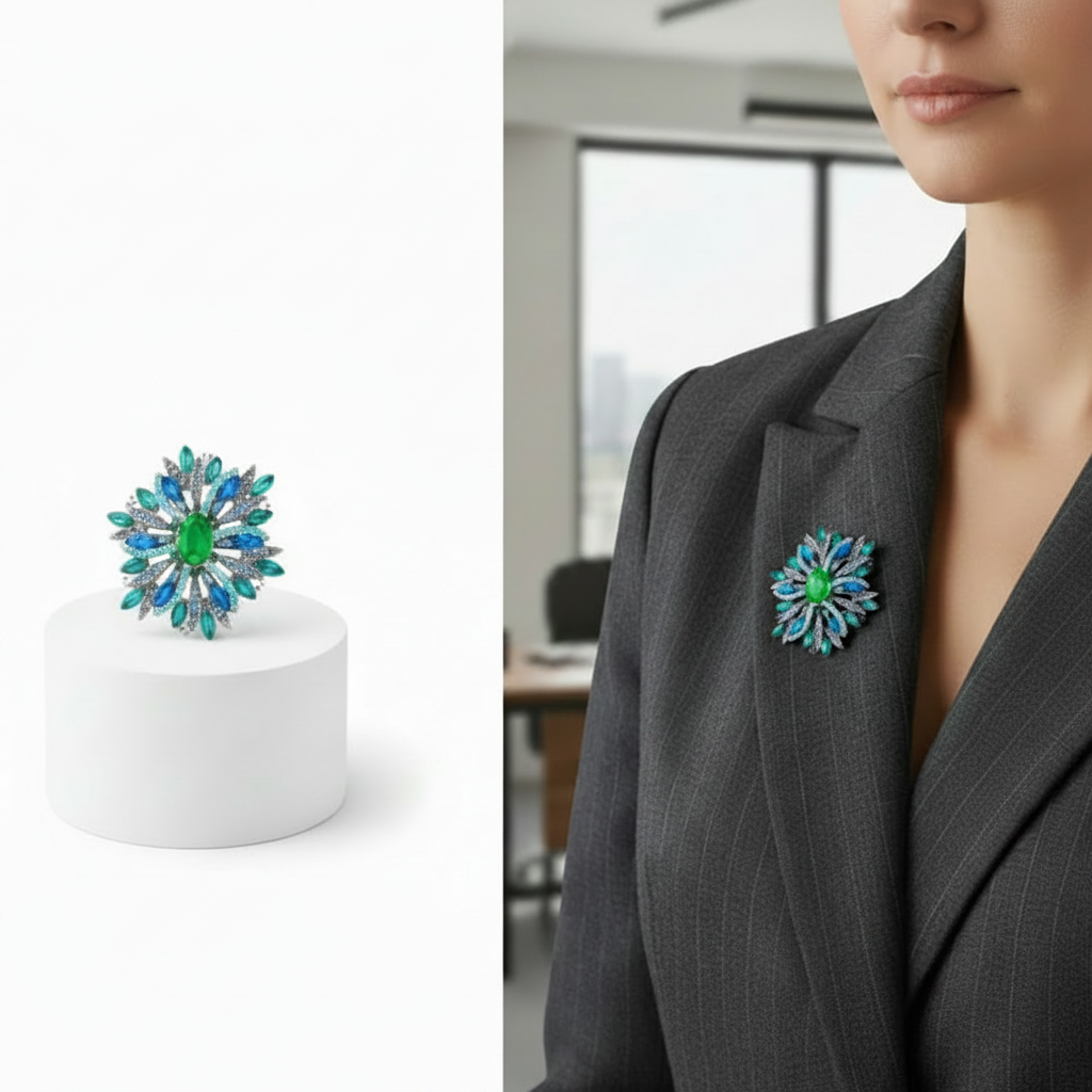 Vintage inspired  Sunburst Brooch – Green, Teal & Aqua