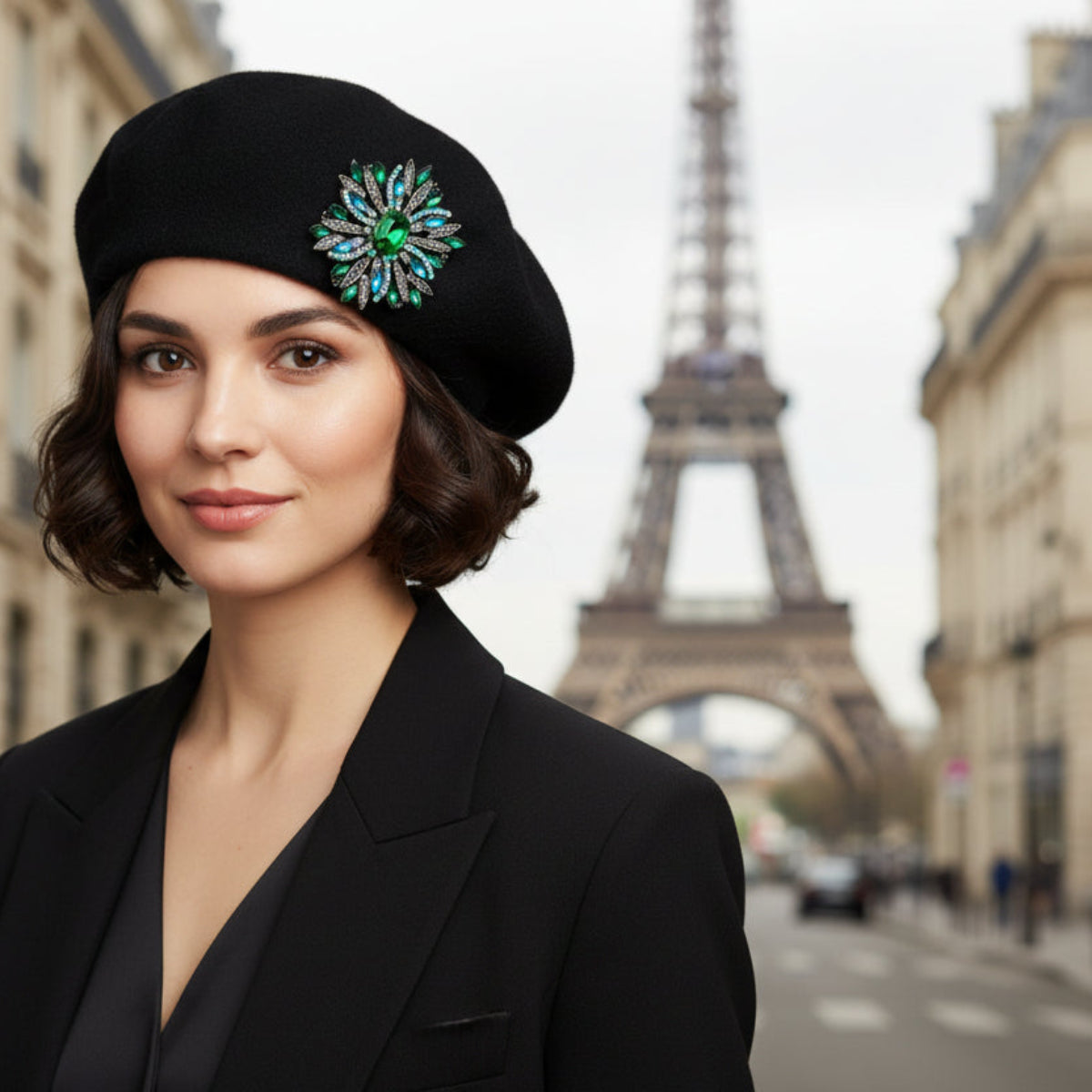 Vintage inspired sunburst brooch pinned on a beret – green teal aqua – Catherine Cole