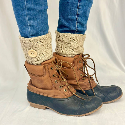 TAUPE knit boot toppers with wood button, Catherine Cole signature best quality socks
