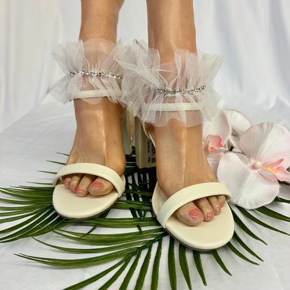 Sheer tulle rhinestone ruffle ankle bracelet wedding bridal fashion by Catherine Cole signature style