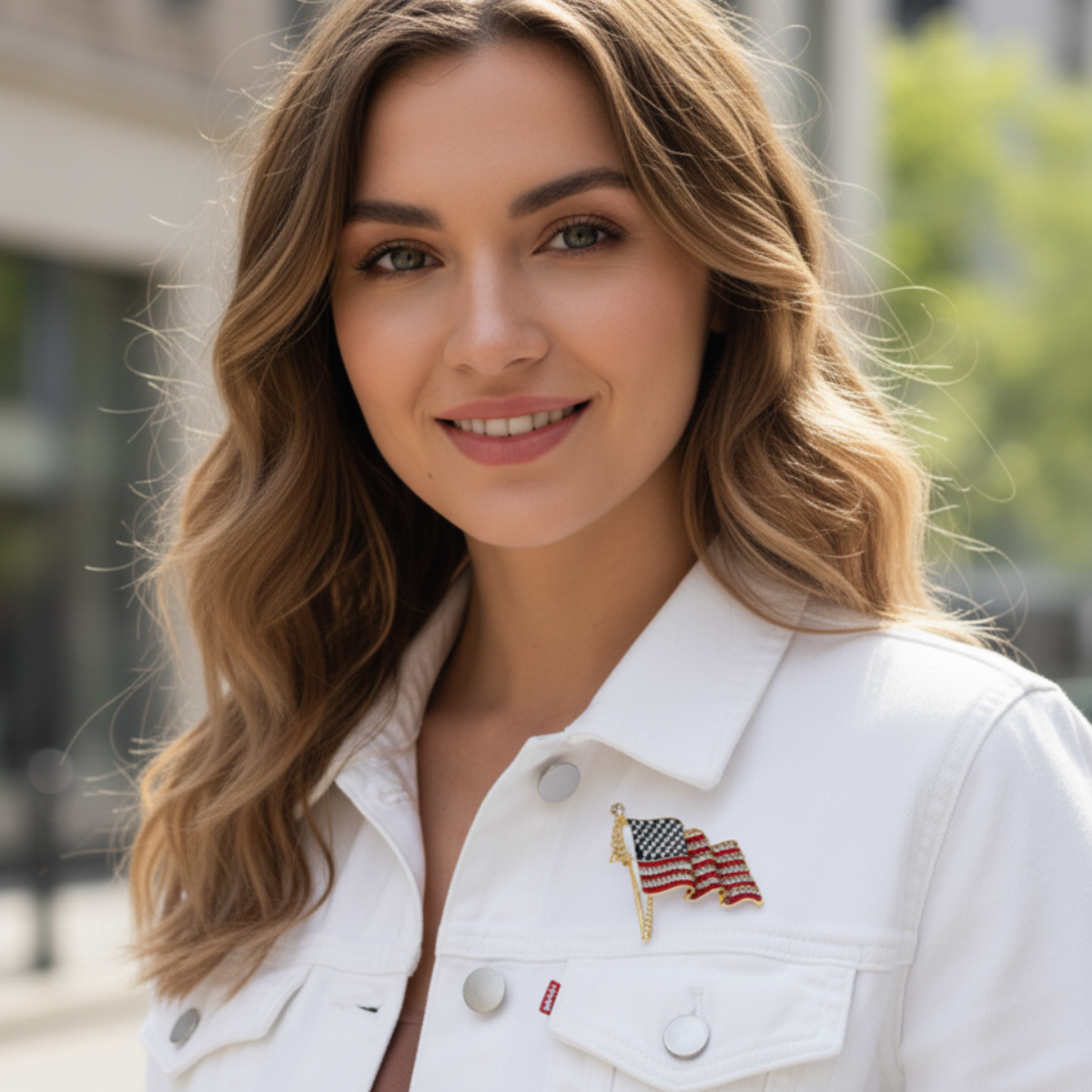 Woman wearing a white jacket with an American flag patch outdoors,  american_flag_pin_rhinestone